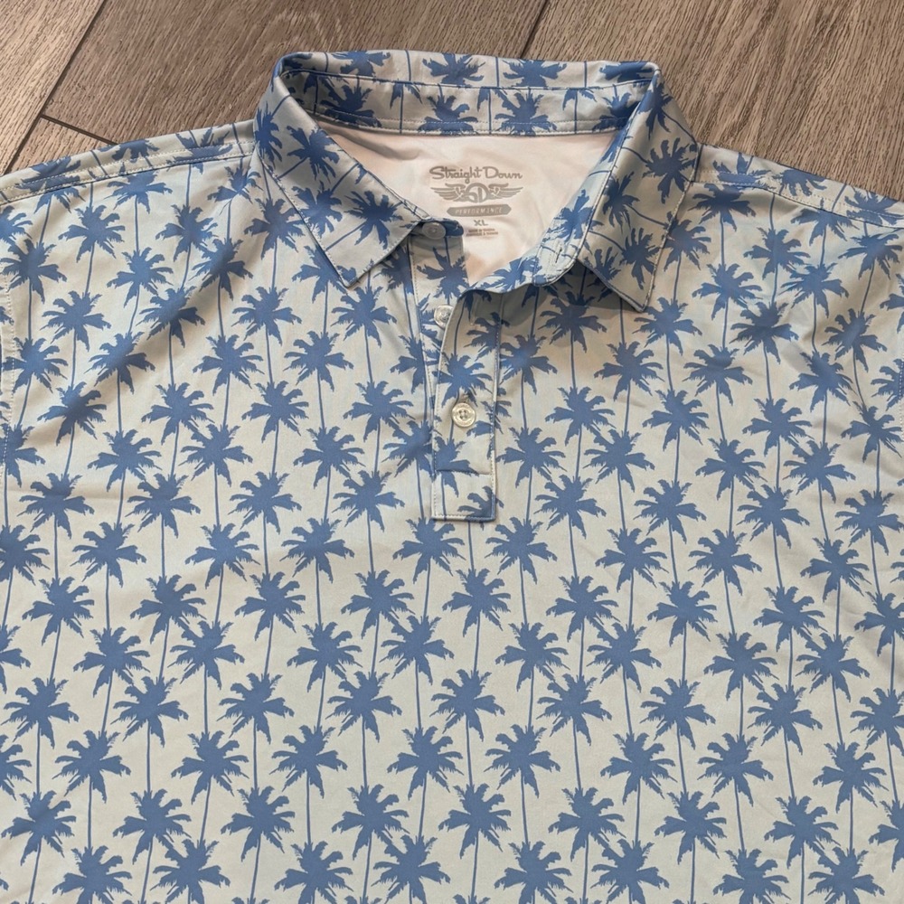 Straight Down Polo Mens XL Blue Palm Tree Print Pattern Golf Casual Preppy
